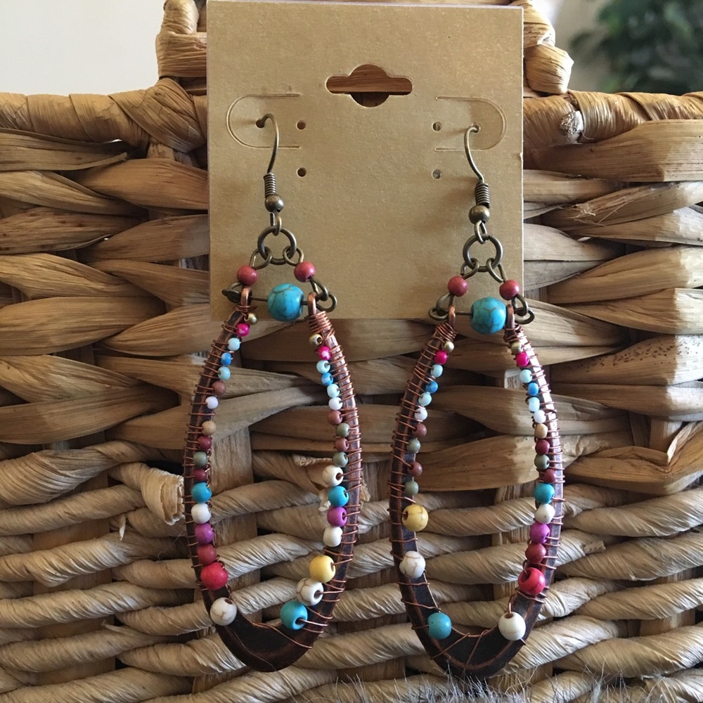 Boho wire colorful beaded hoop fish hook earrings